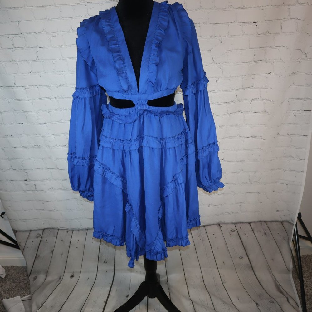 Peach Love Royal Blue Frill Tiered Balloon Sleeve Back Lace Up Dress Size L- NWT